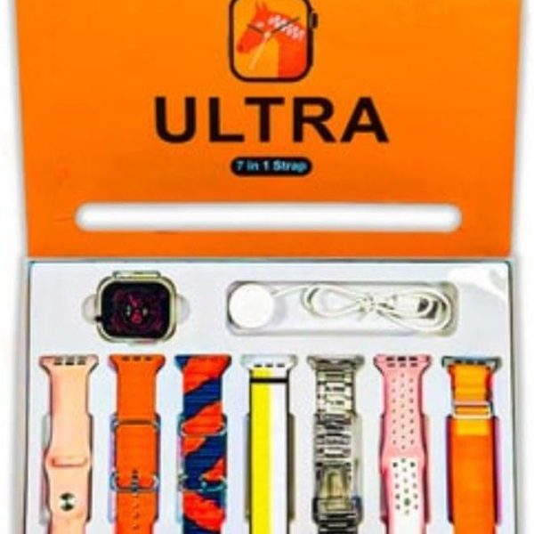 Ultra 7 in 1 Smart Watch with 7 Multi Color Bands – 2.1 Inch Screen, Waterproof, Wireless Charging, Integrated Health Tracking