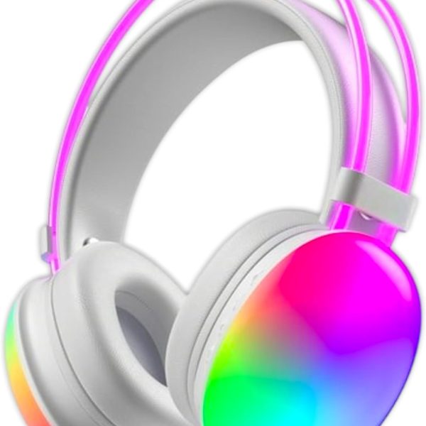 Bluetooth Headphone Over Ear B30 RGB Wireless Headset Earphone, FM Radio with Microphone Cool LED Light Big Headsets Gameing Helmet Stereo Music & Support SD Card/AUX/Type-C, Comfort Ear Pads